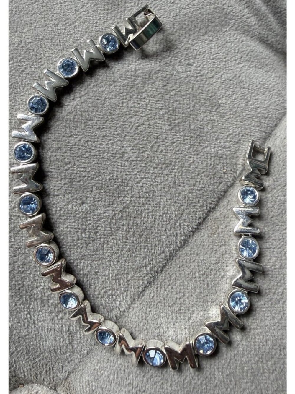 Vintage Bracelet MOM Silvertone and Blue Crystal Spellout 7" Classic Sparkle